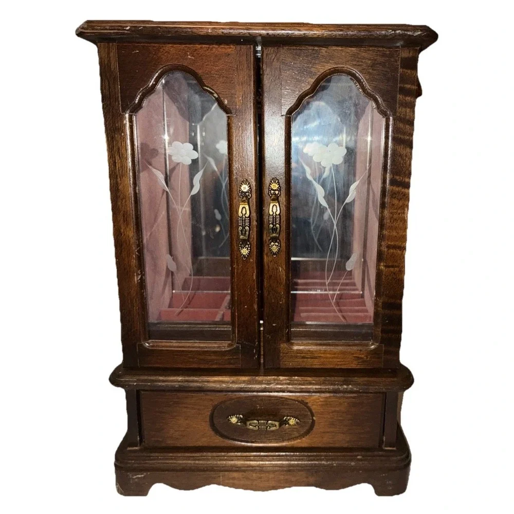 Vintage Jewelry Box Armoire Wood Etched Glass Carousel Mirror Music Box 13x9x5